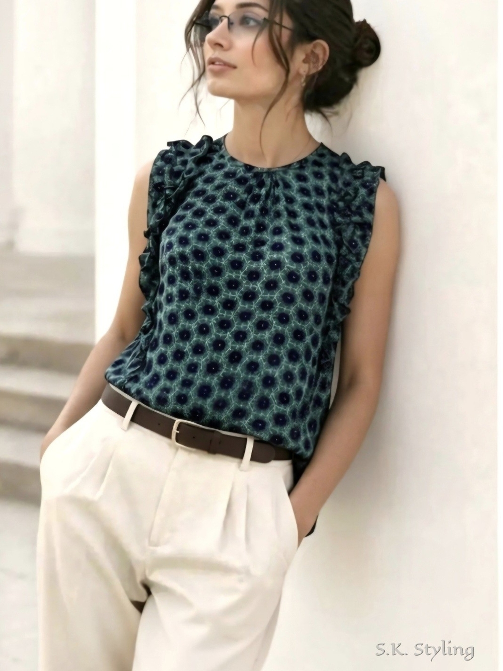 Perry Walker Collective Varina Silk Blouse sz 3 L Blue Green Ruffle Boho Keyhole